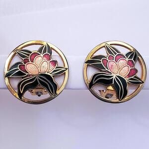 Vintage 90s Gold Tn Pink Black Openwork Floral Cloisonne Enamel Clip on Earrings